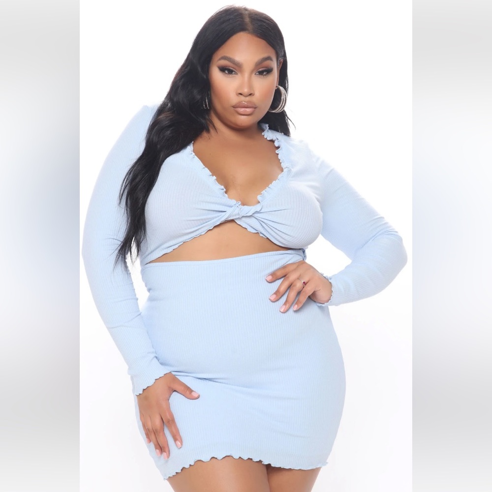 FashionNova Collins Ribbed Mini Dress- Light Blue